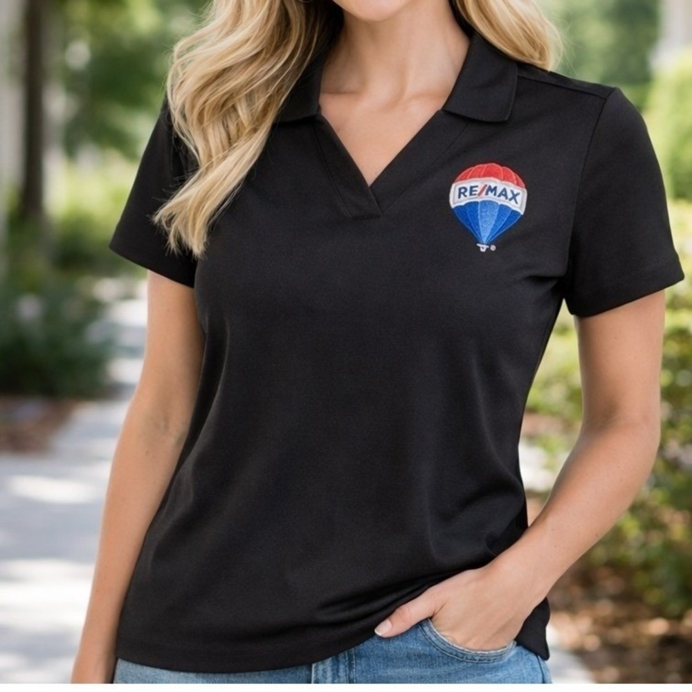 Nike Dri-FIT RE/MAX M Golf Womens Polo Shirt Black V-Neck Activewear Embroidered